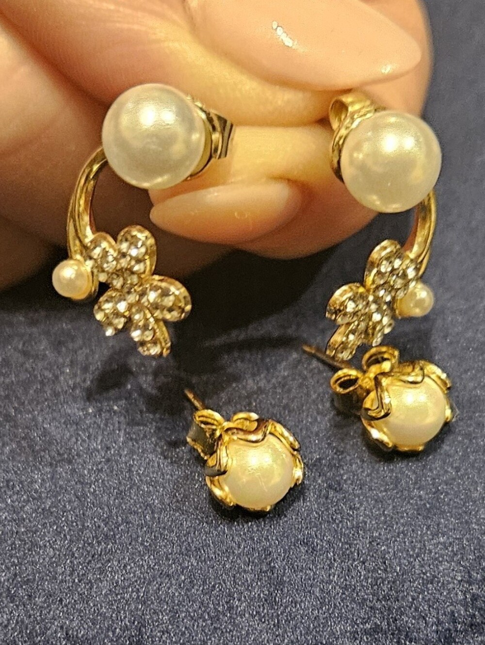 Gold Pearl & Crystal Flower Earrings Set - Elegant Women Jewelry NEW